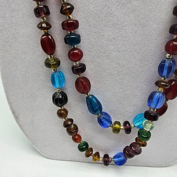 Abstract Boho Multicolor Beaded Necklace With Glass Beads Metal Accents - Picture 2 of 8